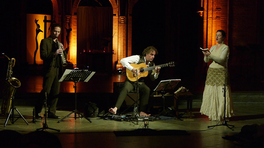 Cora Schmeiser, Gert Anklam, Falk Zenker, ensemble Nu:n Vokal, 'About the unlucky, angels and singing mutes', photo  Salar Ghazi